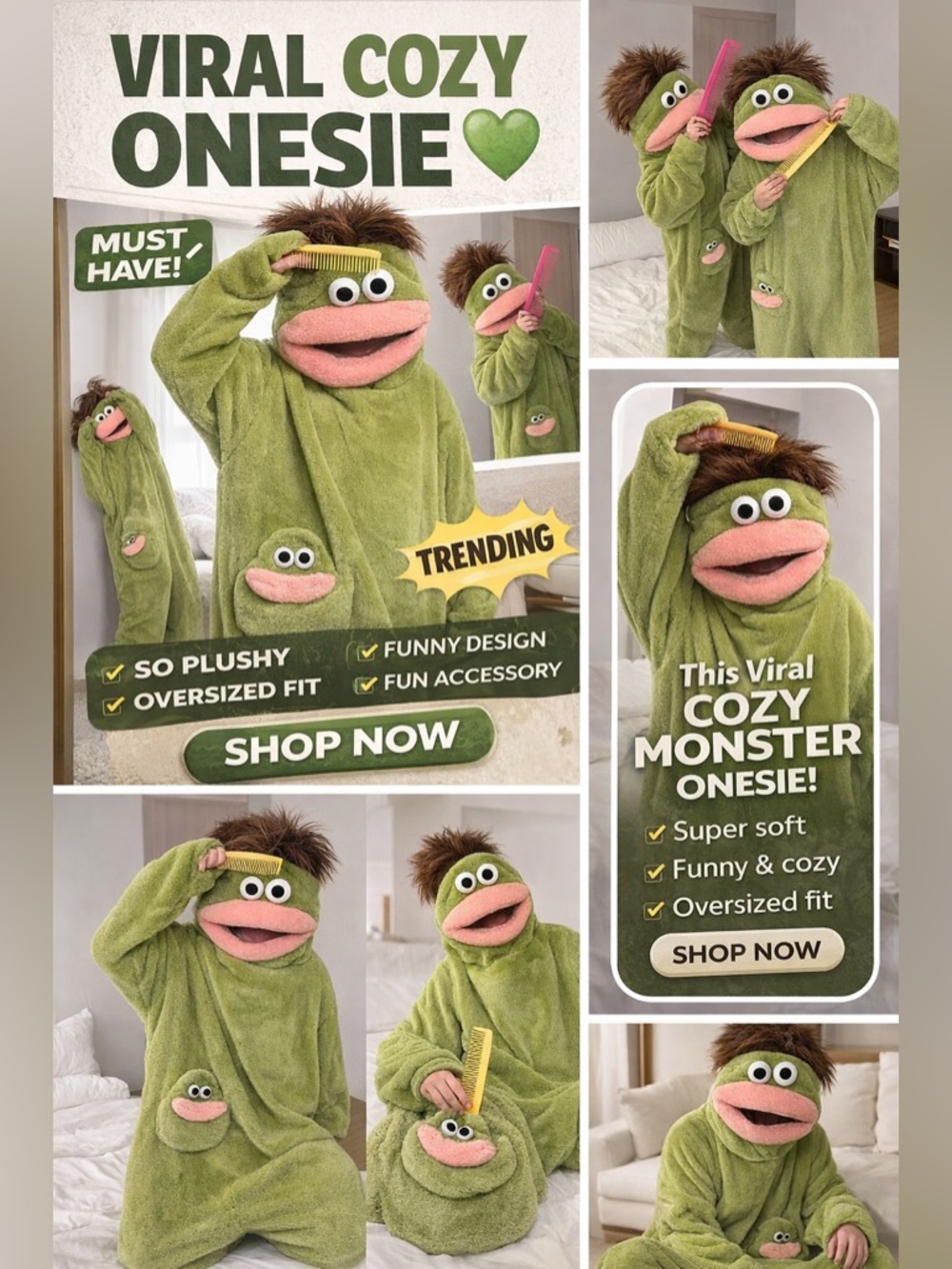 Green Cozy Monster Onesie - Plush Oversized Pajama